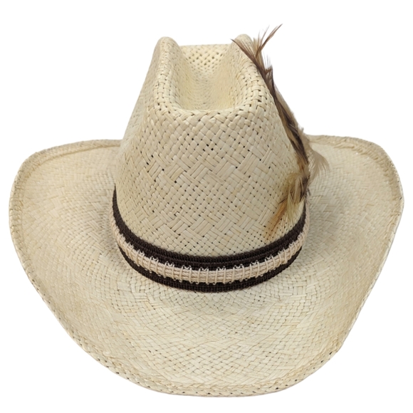 Biltmore Western Cowboy Hat Straw Feather Leather Band 7 1/8 57 cm Ivory Brown - Picture 3 of 13